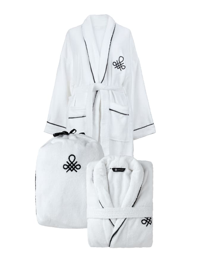 חלוק מגבת לבן דגם פניקס עם רקמה ופייפינג  – 100% כותנה סרוקה